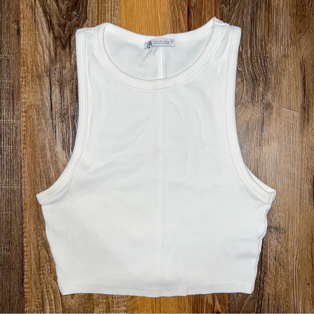 ZARA High Neck Ribbed Cropped Tank Top - White, Size L